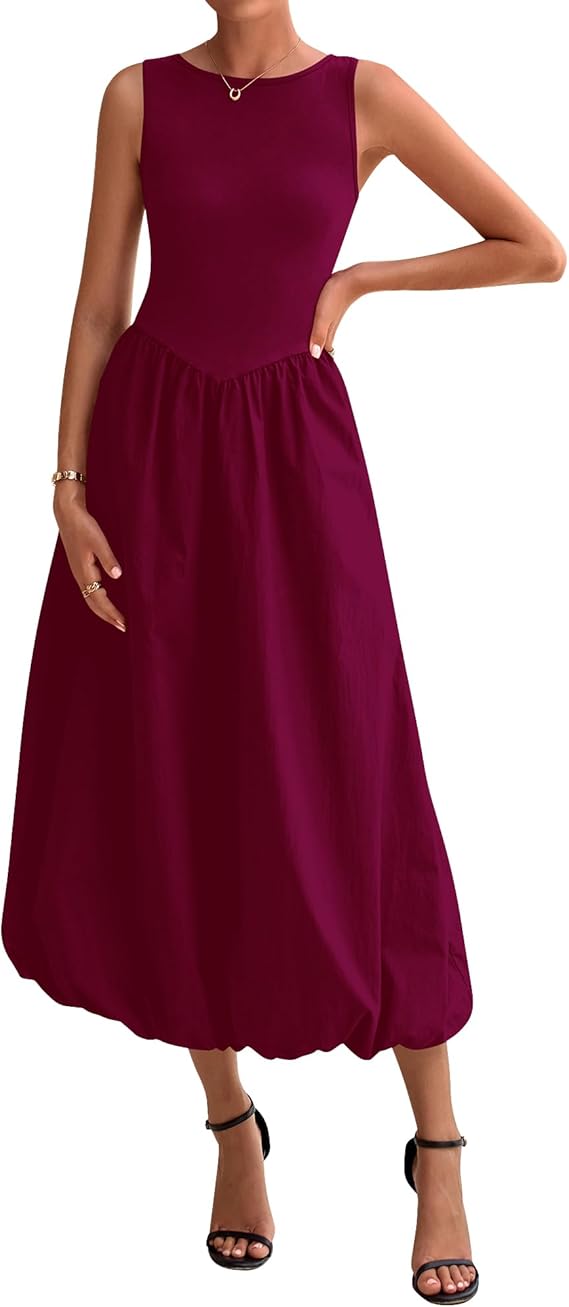 BTFBM Women's 2025 Summer Casual Sleeveless Midi Dress Patchwork Knit Tank Bubble Long Flowy Beach Maxi Sundress Pockets