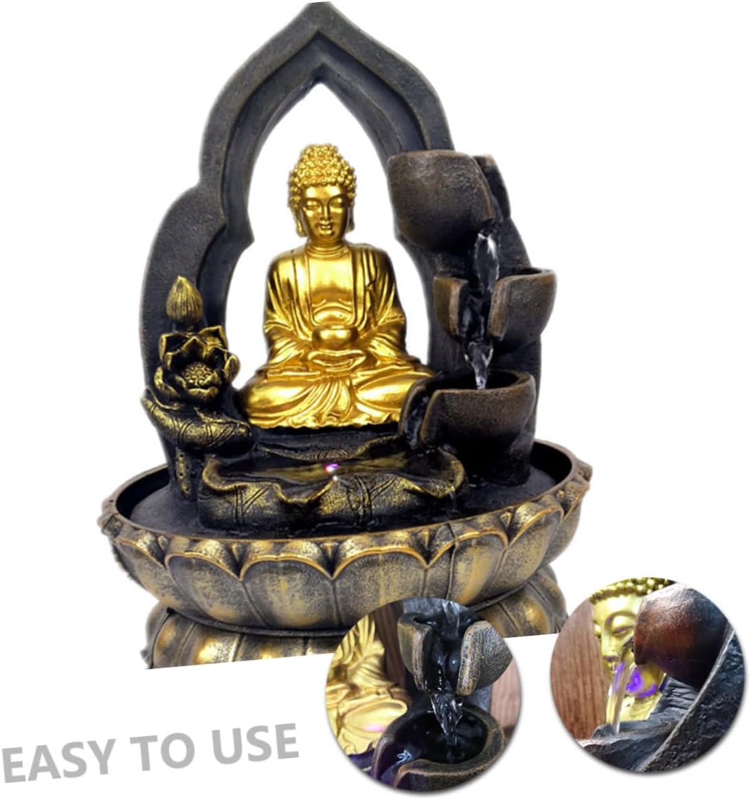 Resin Buddha Tabletop Fountain with Flowing Water Feature Chinese Style Desktop Ornament for Home Office Decor Compact Space-Saving Design with US Standard Power