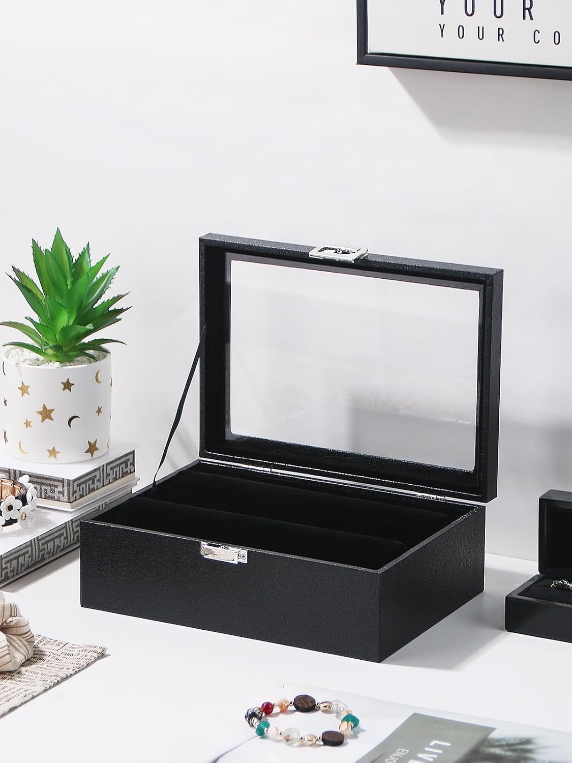 Bracelet Holder Organizer Box, Jewelry Storage Case with 2 Rods, Bangle Watch Display Tray for Women Girls (Black)