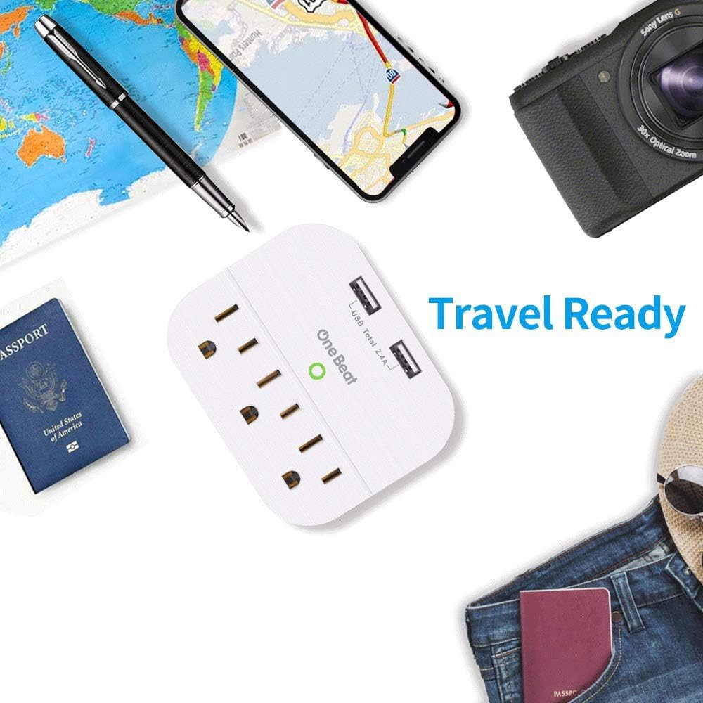 One Beat 3 Outlet Surge Protector, Multi Plug Outlet Adapter with 2 USB Wall Charger, Power Strip Wall Plug Extender for Home Travel Office Hotel