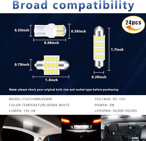 Miniatura 7 de Ziciner Bombillas LED para automóvil, 24 unidades, kit de bombillas de festón T10 de 1.220 in y 1.654 in, accesorios universales de repuesto para
