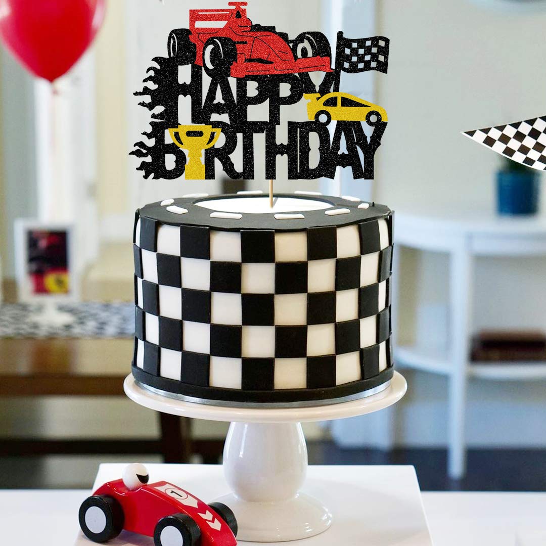 Race Car Cake Topper Set - Includes 2 Pull-Back Cars & Happy Birthday Sign For Themed Parties