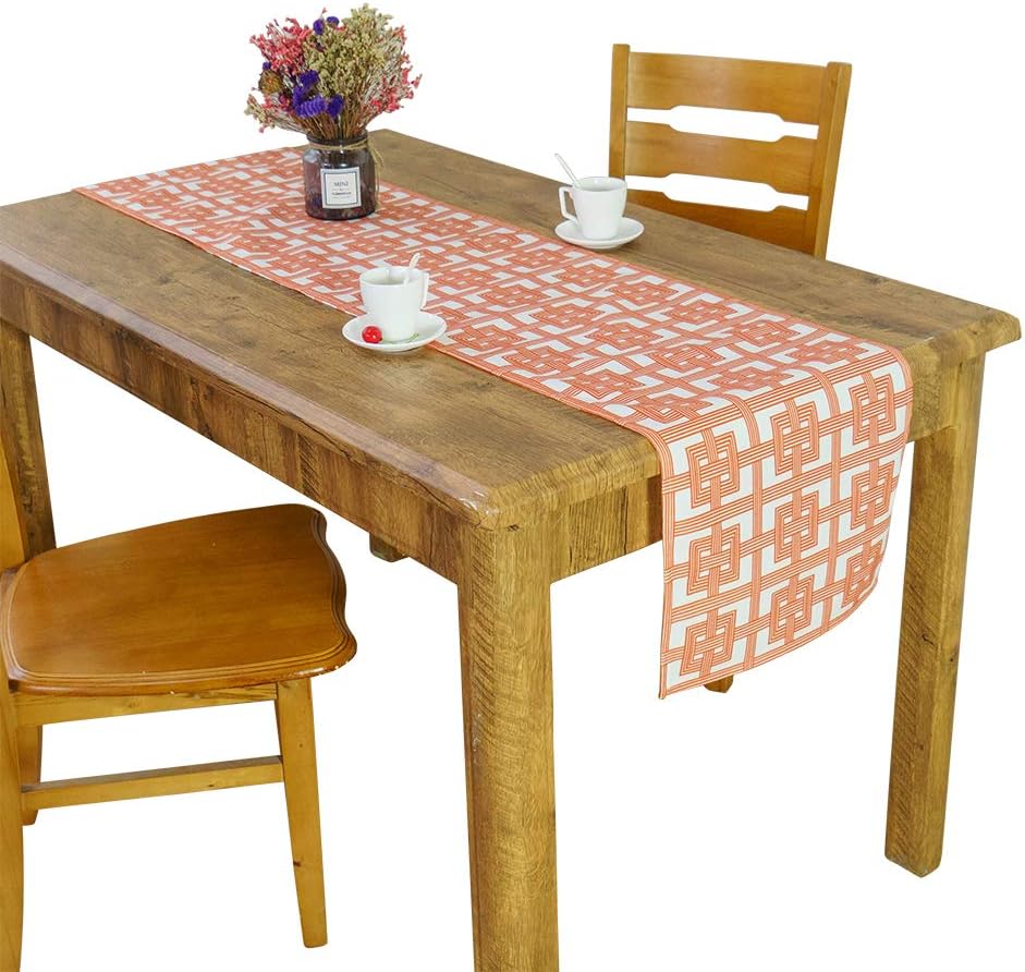 Raka Casa Contemporary Table Runner - Plush Printed Polyester Fabric - Geometric Design - Orange Color 14Wx90L IN