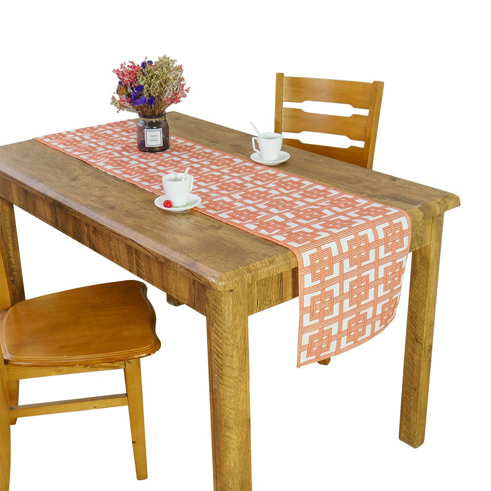 Raka Casa Contemporary Table Runner - Plush Printed Polyester Fabric - Geometric Design - Orange Color 14Wx90L IN