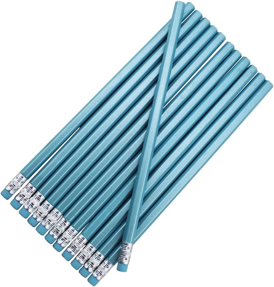 Blank Pencils Bulk – Hexagon Pencils – Pearl Blue Barrel and Blue Eraser – Package of 10 - Non-Personalized - 2HB Black Lead - School - Office - Blanks - Non-smear eraser