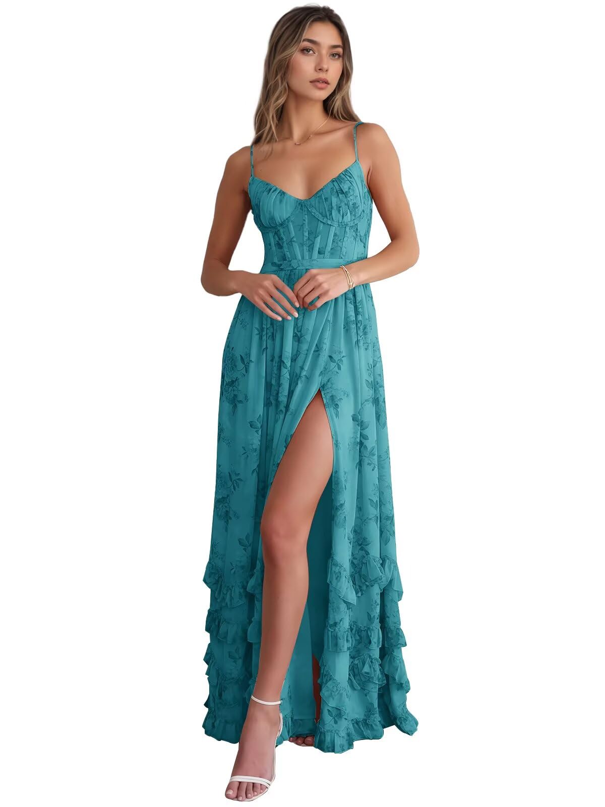 Floral Ruffle Corset Bridesmaid Dresses Long Chiffon Gown with Slit