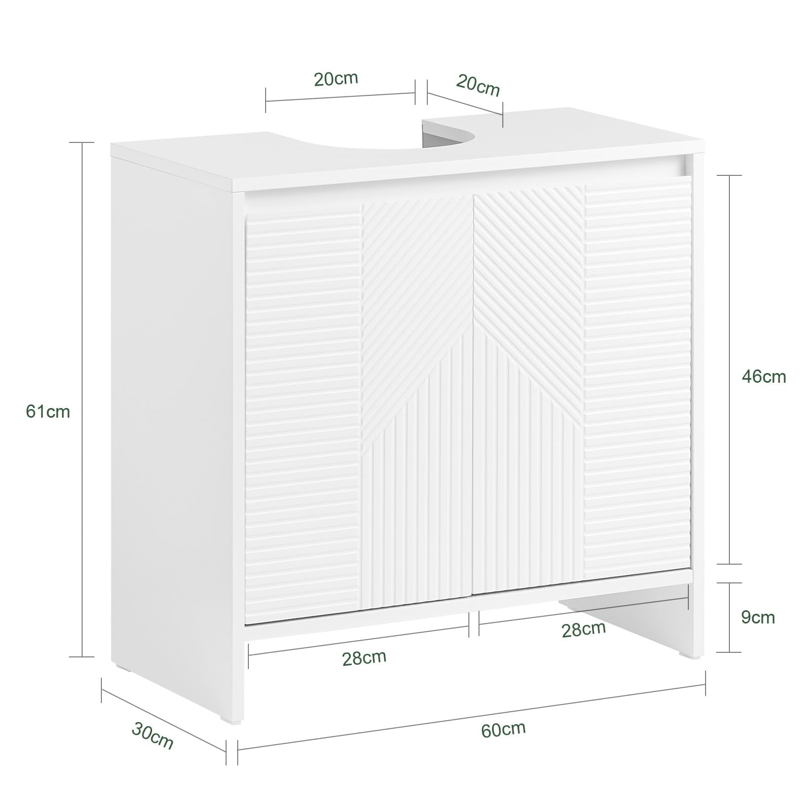 SoBuy Waschbeckenunterschrank 60cm Badezimmerschrank Badmöbel in Weiß mit verstellbaren Regalen, feuchtigkeitsbeständig, Unterschrank Waschbecken für kleine Bäder 60x61x30cm BZR157-W