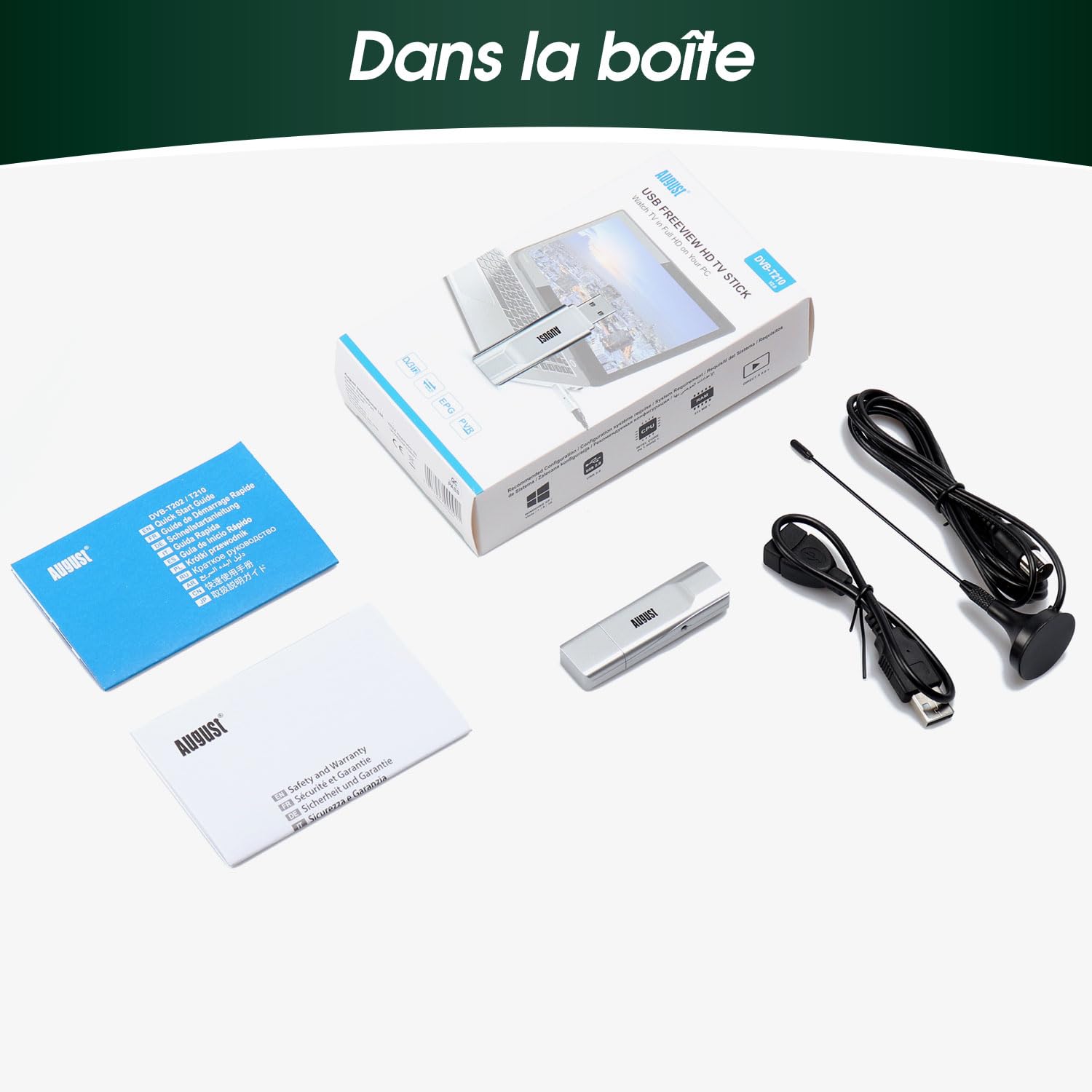 August DVB-T210 - Récepteur TNT USB - Décodeur TNT avec Enregistreur et Antenne, Numérique Terrestre Mini Télévision sur PC DVB-T2 MPEG4 Compatible France Belgique Windows 11 Home/Pro/10/8/7