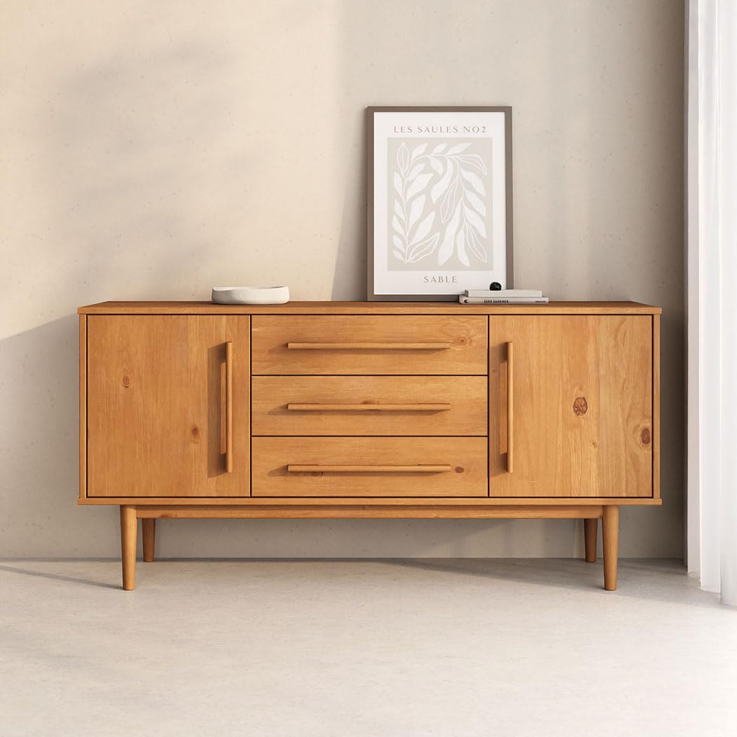 IDIMEX Buffet TECCA L 145 cm 2 Portes 3 Tiroirs en Bois Massif Coloris Chêne avec Étagères Réglables, Rangement Salon Vaisselier Bahut en Bois