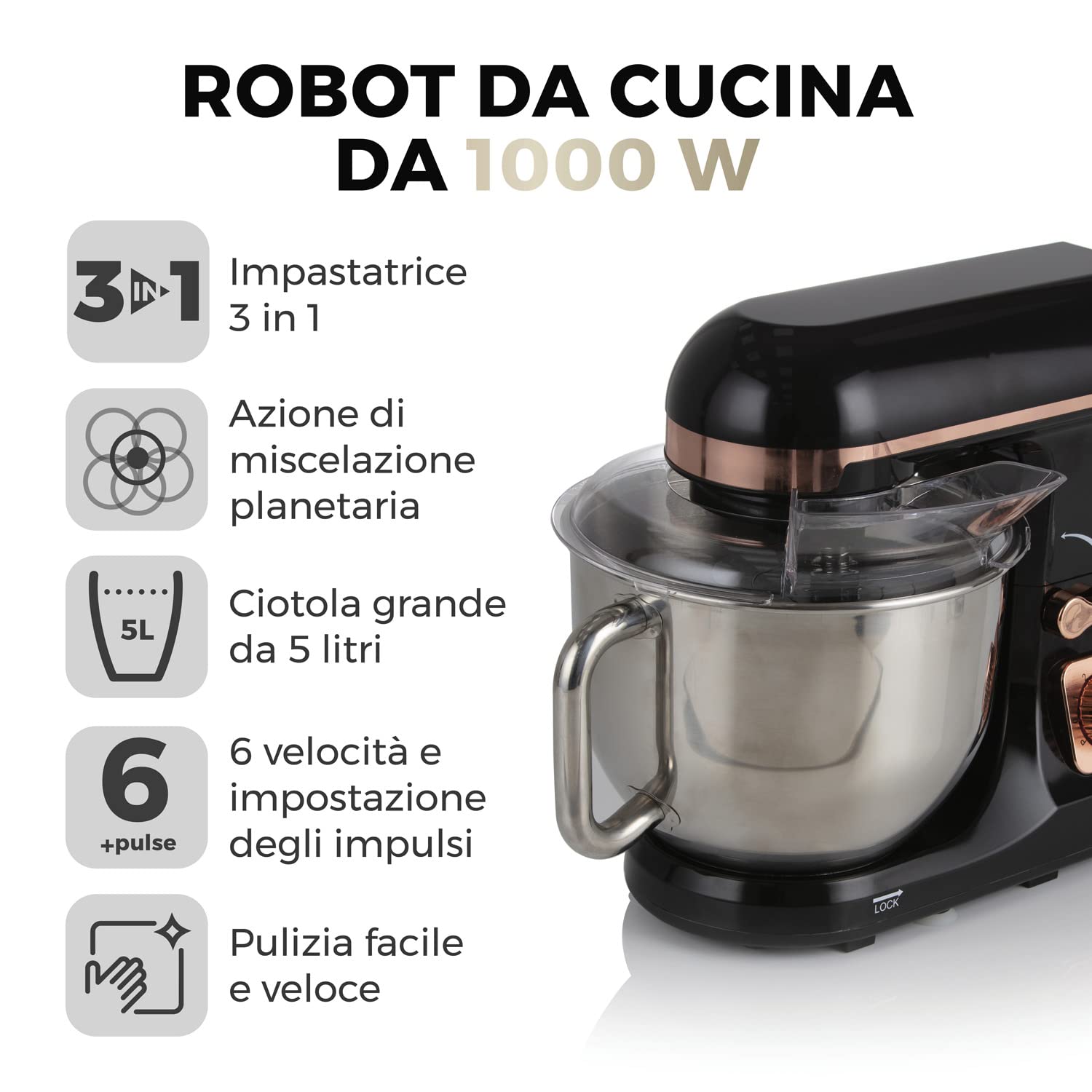 Tower 3-in-1 Stand Mixer z 6 Prędkości oraz Pulse Setting, 1000W, Róża Złoto