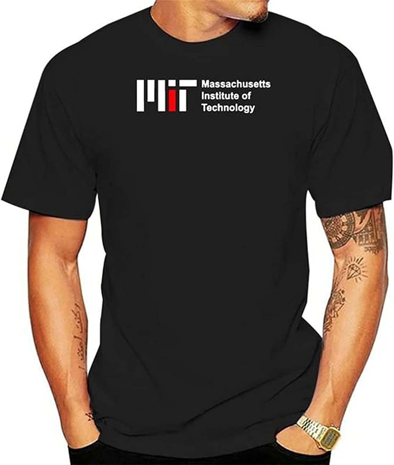 Zhfcnukc Men's Blcak Mit T-Shirt College Wear Short Sleeve Tee School Uniform Massachusetts Institute Of Technology Dress Black Xs