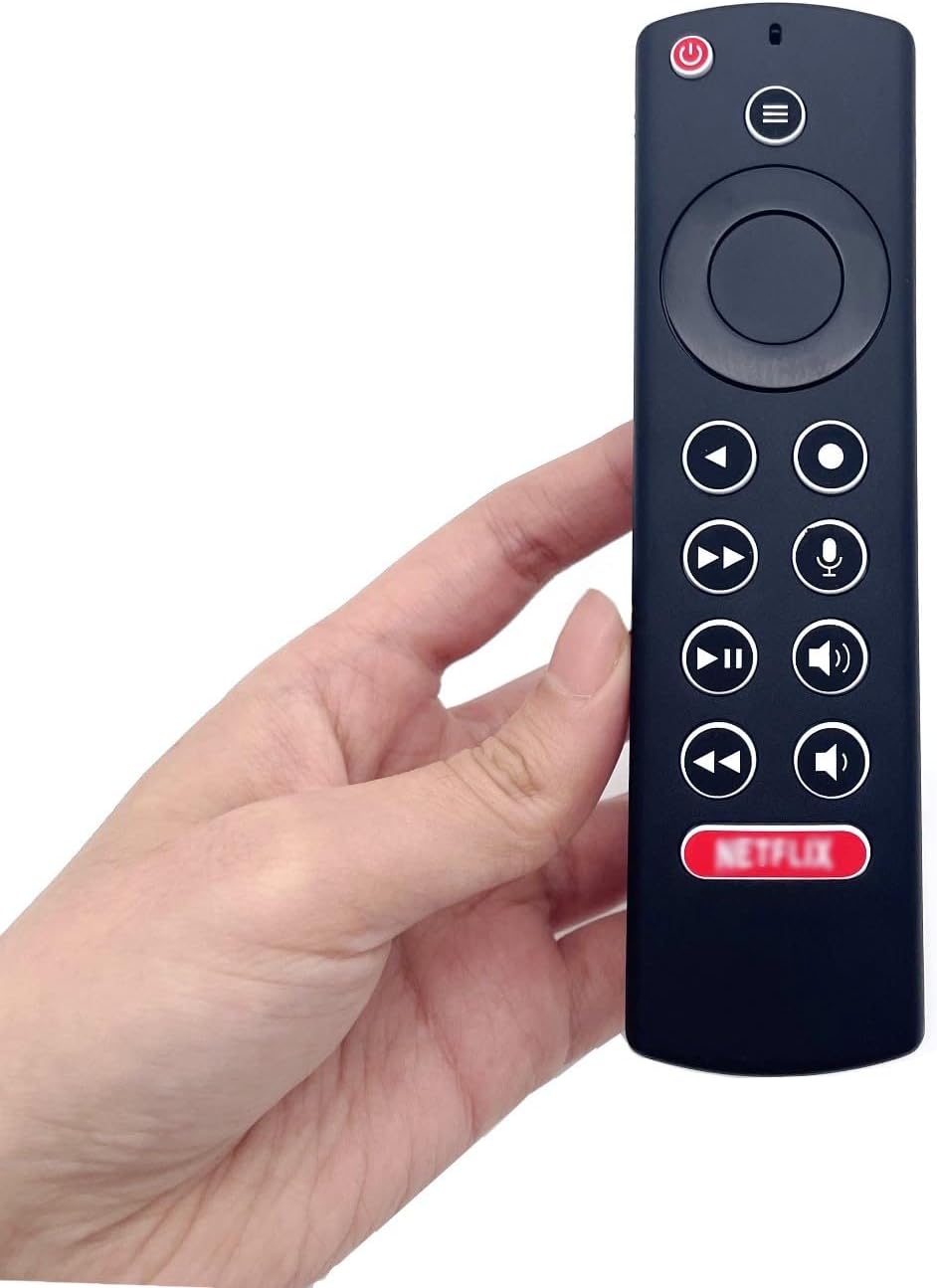 A hand holding the JZK remote control, demonstrating its ergonomic design.