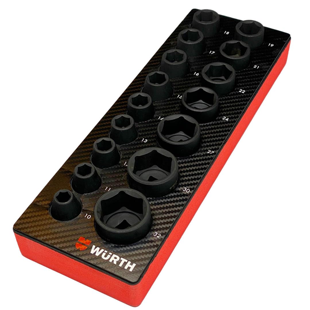 Würth 1/2 Zoll Kraft Steck Schlüssel Nuss Satz Sechskant 16 Teile 6-kant metrisch kurz in ORSY Schaumeinlage für Werkstattwagen 0965905214