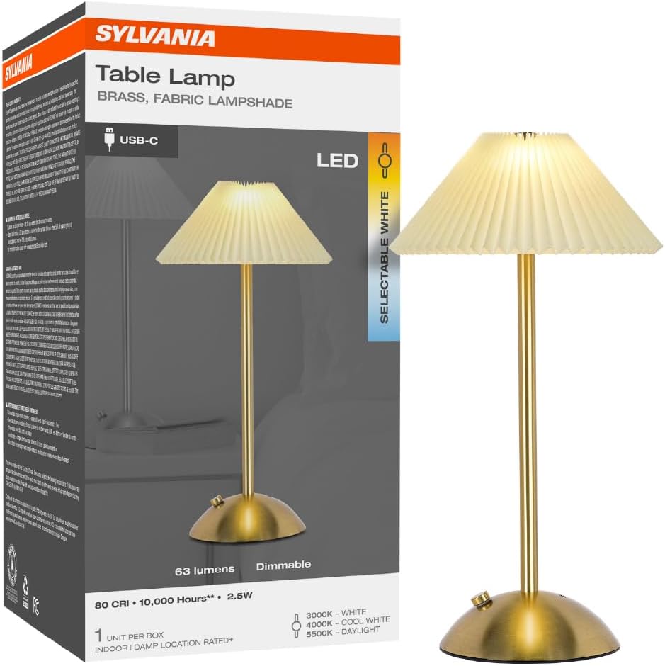 LEDVANCE Sylvania Cordless Lamp, LED Rechargeable Table Lamp with Battery Operated, USB-C, 3 Color Temperatures (3000/4000/5000K), Dimmable, Bedroom, Night Light, Coffee Shop, Brass - 1 Pack (66874)