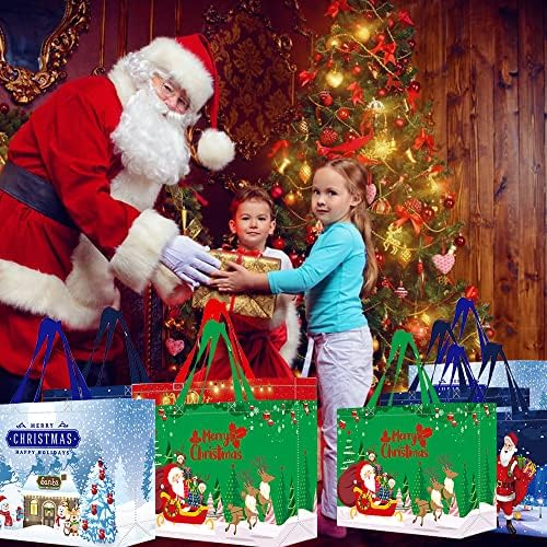 4 Pack Christmas Bags, Reusable Grocery Bag Tote Bag Gift with Handle Gift Present Bag Shopping Bag for Holiday Xmas Event Party
