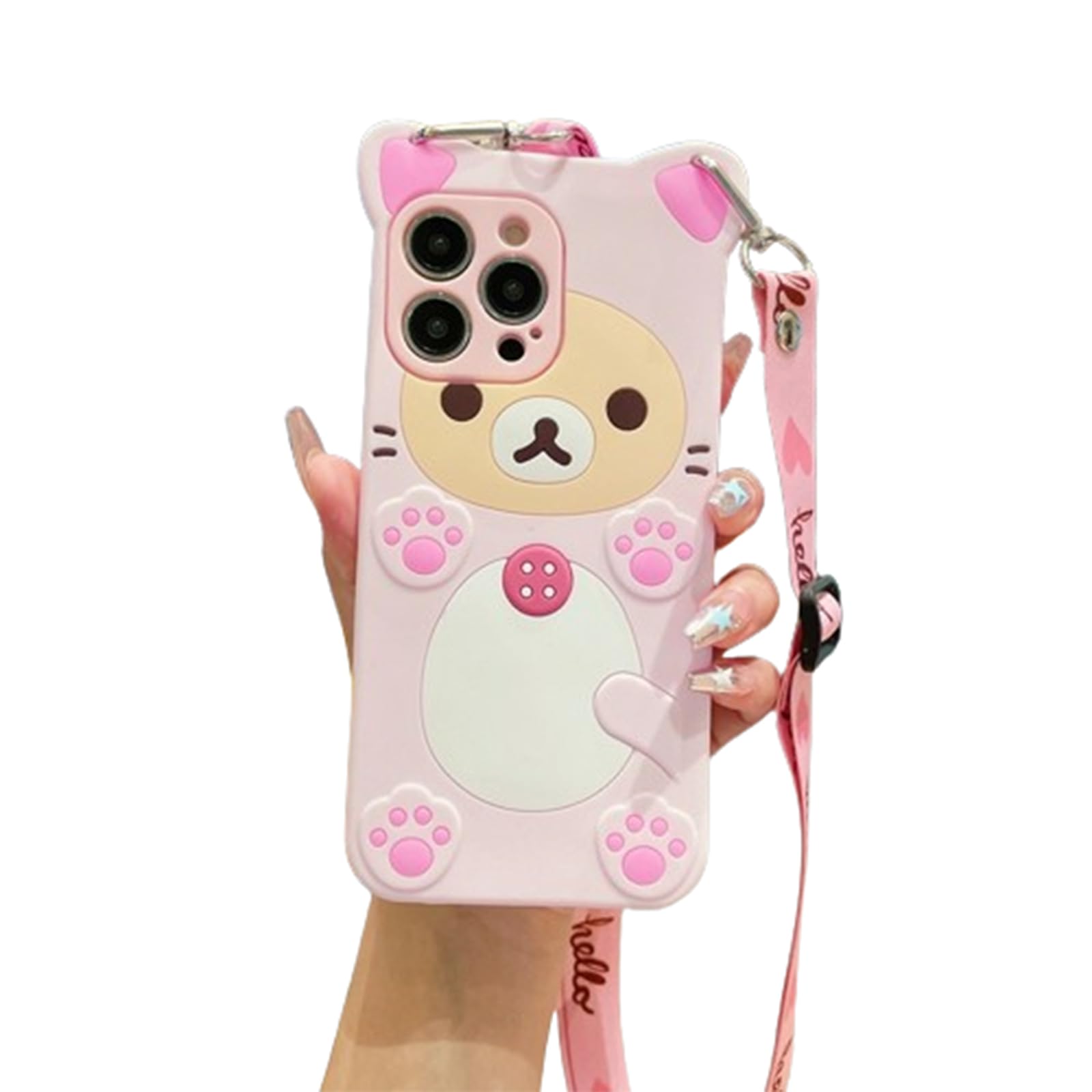 SINQERISHT Phone Case for Galaxy A53 5G,3D Funny Cute Cartoon Pink Bear Lanyard Cases Soft Silicone Rubber Character Shockproof Cover with Strap for