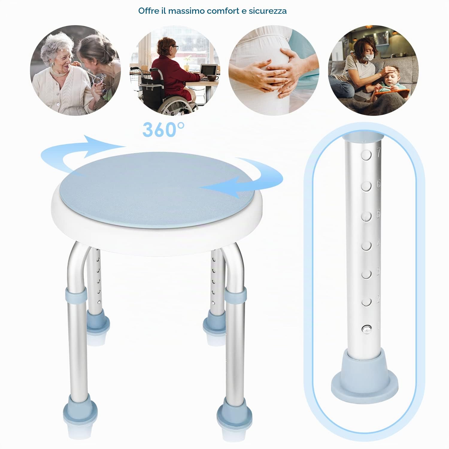 Sgabello da doccia, girevole a 360°, altezza regolabile 36-51 cm, per anziani e donne incinte