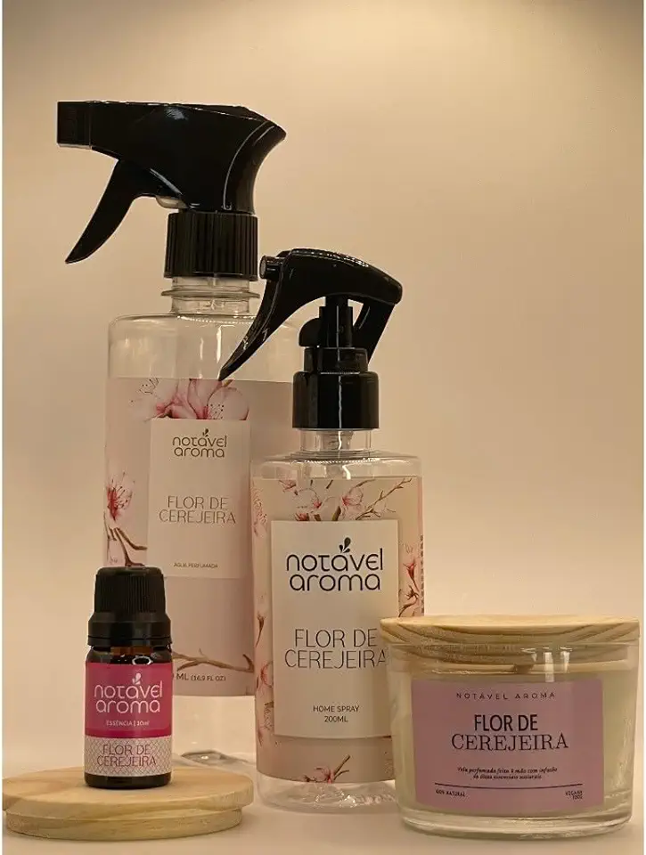 Kit Aromatizador Agua Perfumada Home Spray Essencia e Vela Aromatica 100g (FLOR DE CEREJEIRA)