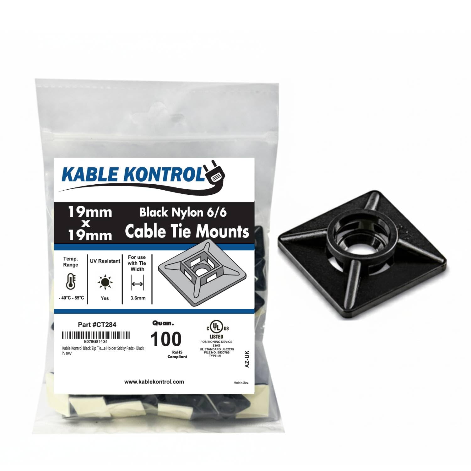 Kable Kontrol Black Zip Tie Bases, 19 mm x 19 mm, Pack of 100 Cable Tie Adhesive Mounts Self Adhesive Mounts Holders Multi-Purpose Zip Ties Bases, Cable Holder Sticky Pads - Black