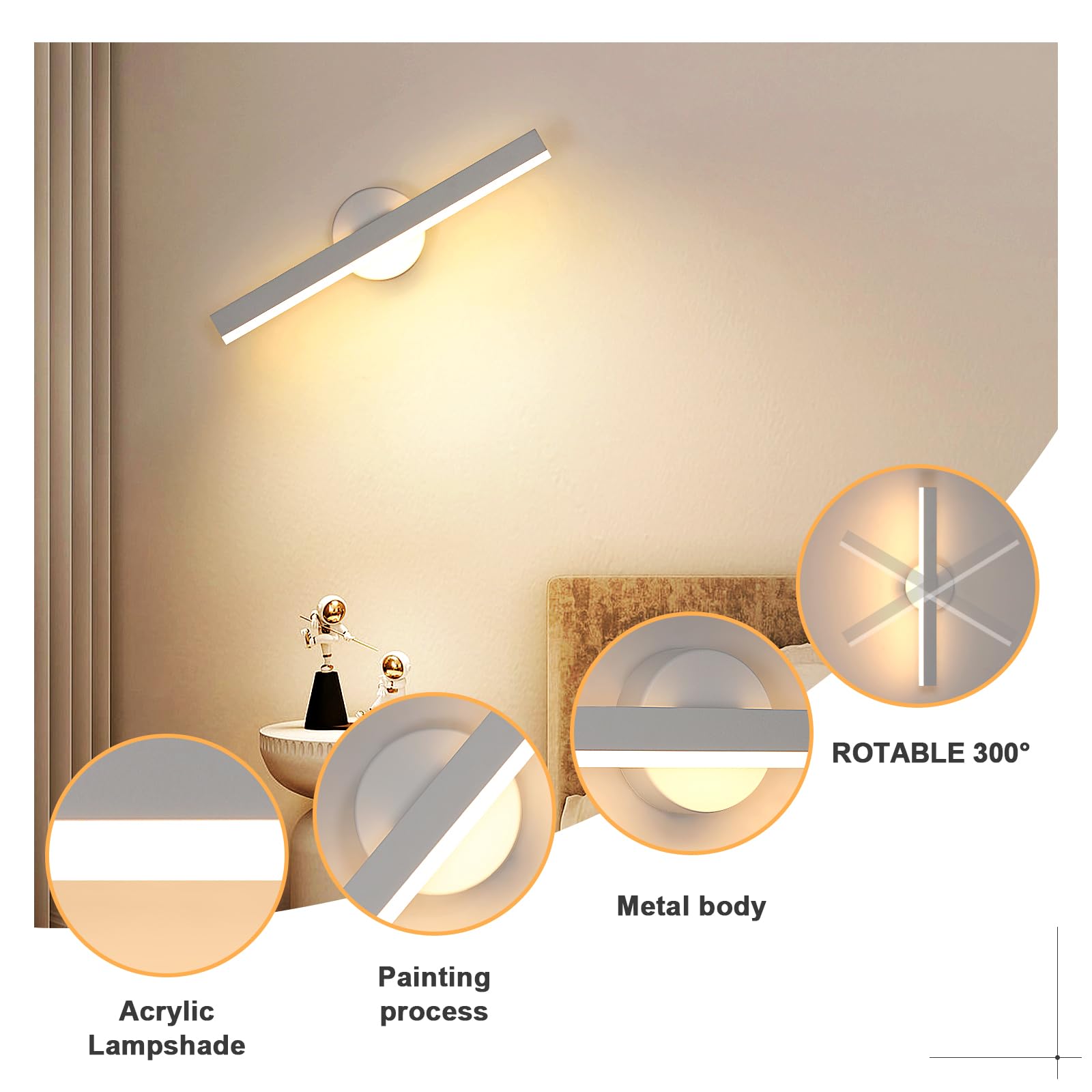 Riserva Aplique de Pared Interior 12W, Lampara Pared LED Moderna Giratorio 300°, Luz de Pared Blanca Cálida 3000k, Blanco Lámpara de Espejo Baño Para Tocador Inodoro, Salón, Dormitorio, Escalera