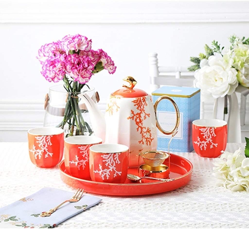 Serwis Do Kawy Na Przyjęcie 6-częściowy Zestaw Do Herbaty Ceramiczne Zestawy Kawy I Zielony Kubek Taca Na Garnki Dekoracja Wodna Domowe Przybory Kuchenne Filiżanek Popołudniowa(Oranje)