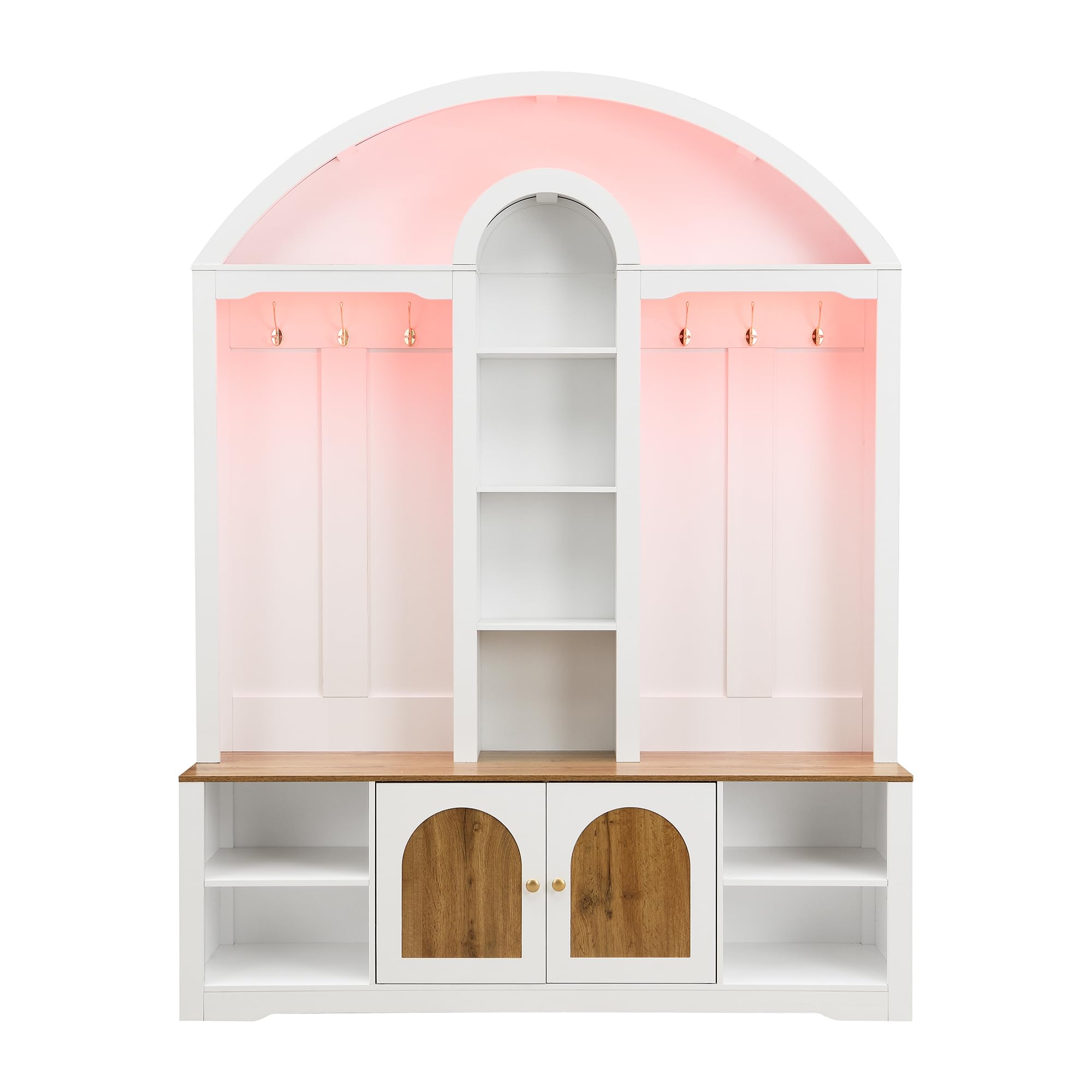 Merax Armoire multifonctionnelle pour entrée avec étagère à chaussures, tablettes et crochets, moderne placard avec design incurvé, double porte de rangement et étagère ouverte, blanc