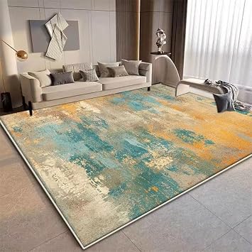 Modern Abstract Large Area Rugs for Living Room Bedroom 200x300cm6.6 10ft Colorful Washable Indoor Non-Slip Floor Mat Carpet for Bathroom Kitchen Dining Room Dorm Decor, Teal Blue Orange