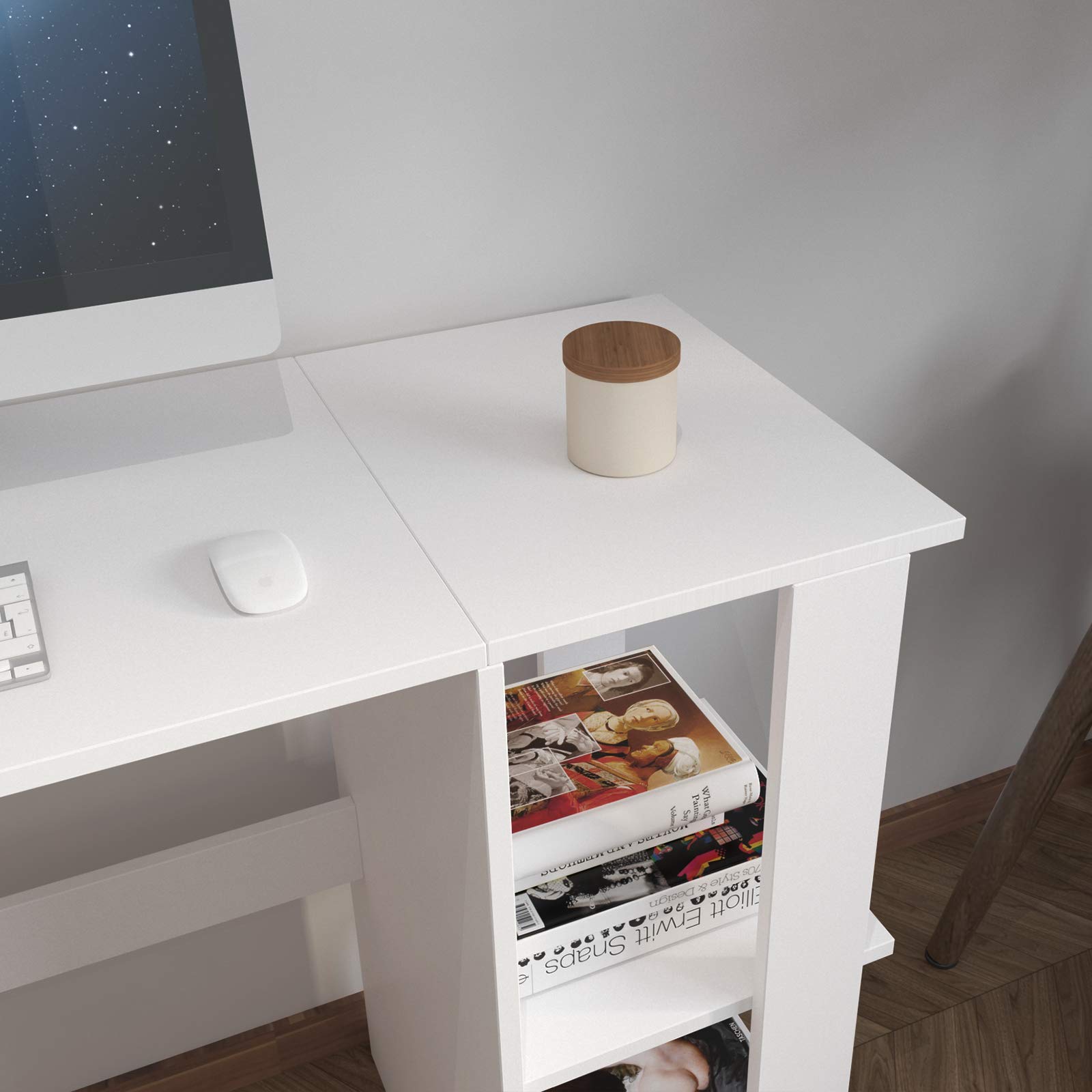 DlandHome Scrivania Gaming Angolare a Forma di L per Computer e Notebook - Scrivania da Gioco con Tavolo da Ufficio (Bianco)