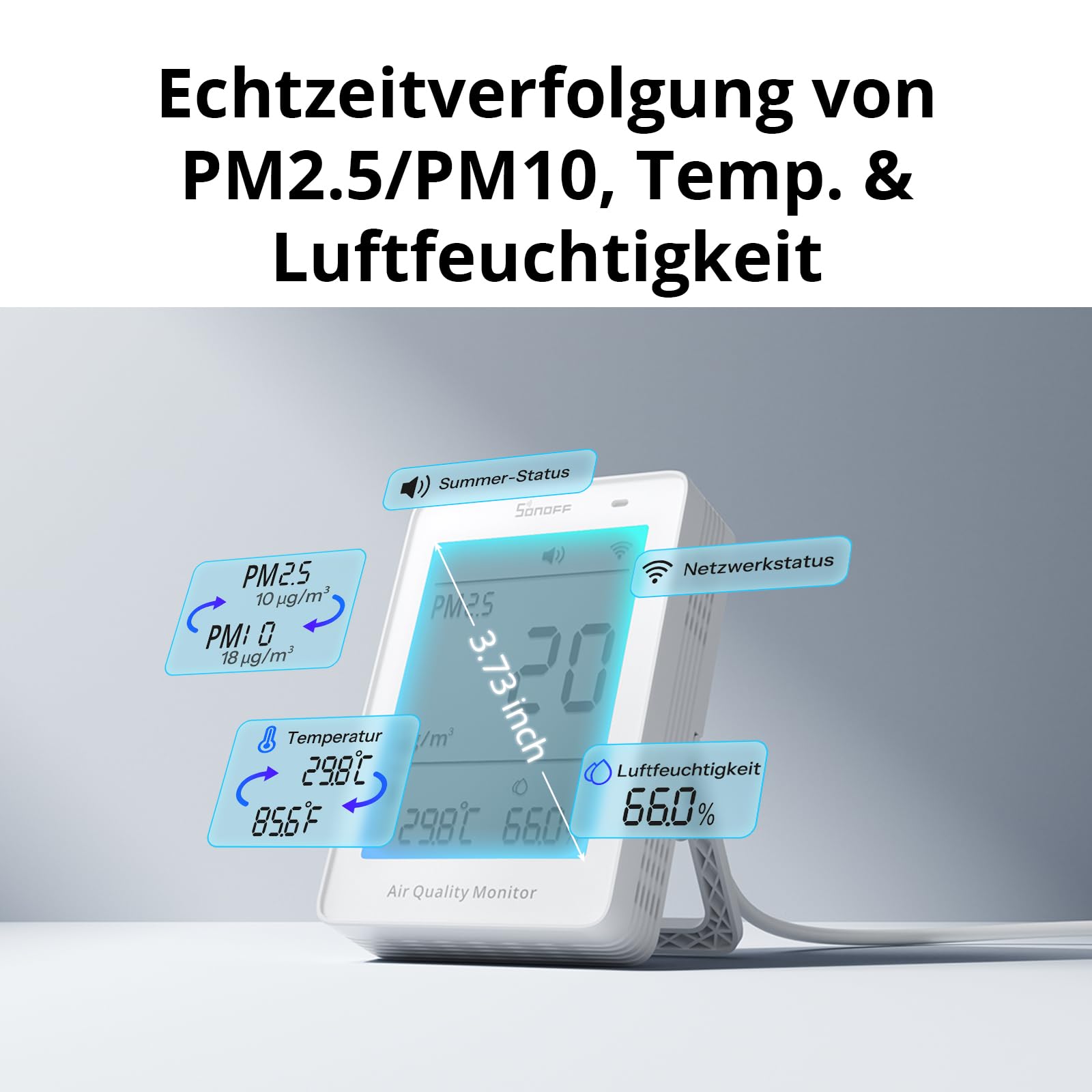 SONOFF Smartes Monitor für Raumluftqualität PM2.5 PM10 Temperatur Feuchtigkeit Sensor Matter-kompatibel 2.4GHz WiFi 3.73-Zoll Bildschirm