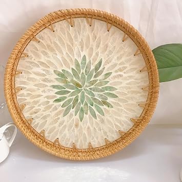 Round Rattan Serving Tray with Mother of Pearl Inlay,Hand Woven Decorative Eating Tray with Wood Base,Decorative Wicker Baskets Woven Serving Tray for Coffee Table