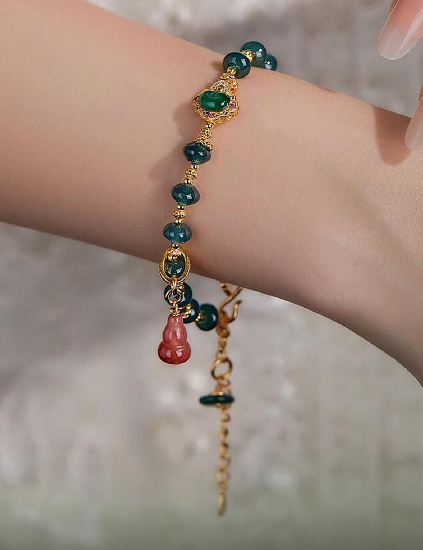 Pulsera de cadena para mujer, pulsera de cuentas vintage de oro amarillo de 9 quilates, 14 quilates y 18 quilates con colgante de calabaza de jade y ágata de 6 a 7 mm
