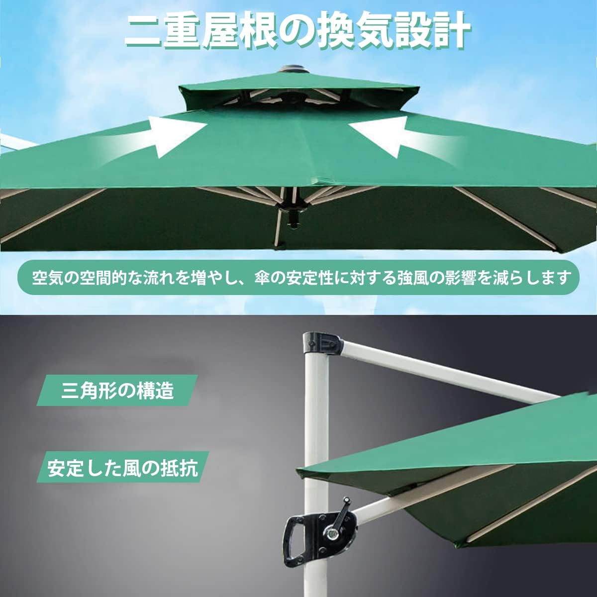 MAYAMI-Home パラソル ガーデンパラソル 220/250cm 風に強い 長方形 大型 360°角度調節 家庭での使用 商業利用（傘本体のみ、ベースなし）