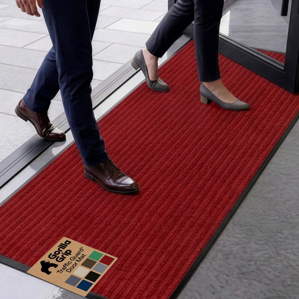 GORILLA GRIP Traffic Guard Indoor Outdoor Heavy Duty Door Mat, 59x24 Red