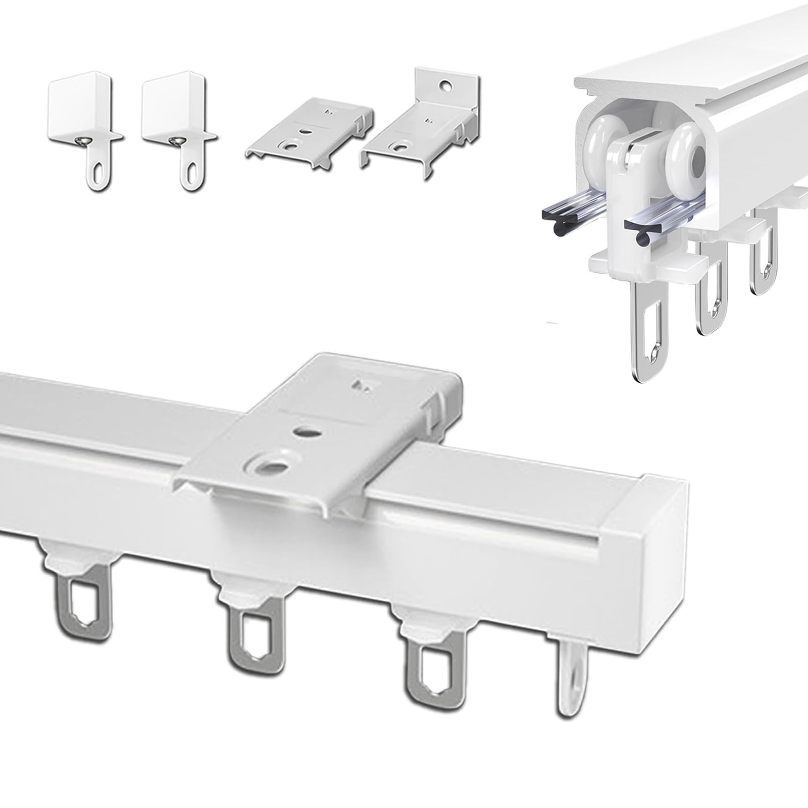 Rail à rideaux de 2m blanc pour plafond ou mur avec tringle coulissante polyvalente
