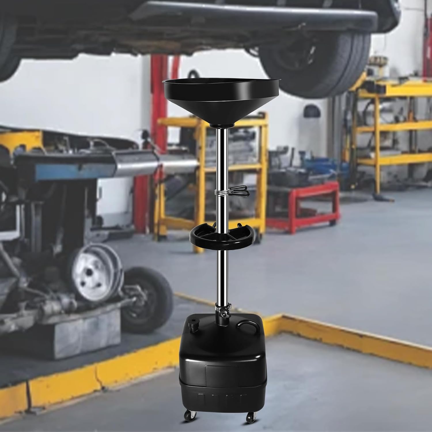 HKTE 9-Gallon Waste Oil Drainer, Adjustable Height (27"–68") with Spring Clamp, 17" Funnel, Mobile Oil Drain Pan with Heavy-Duty Casters, Tool Tray, Oil Filtration Screen, for Cars, Trucks, SUVs
