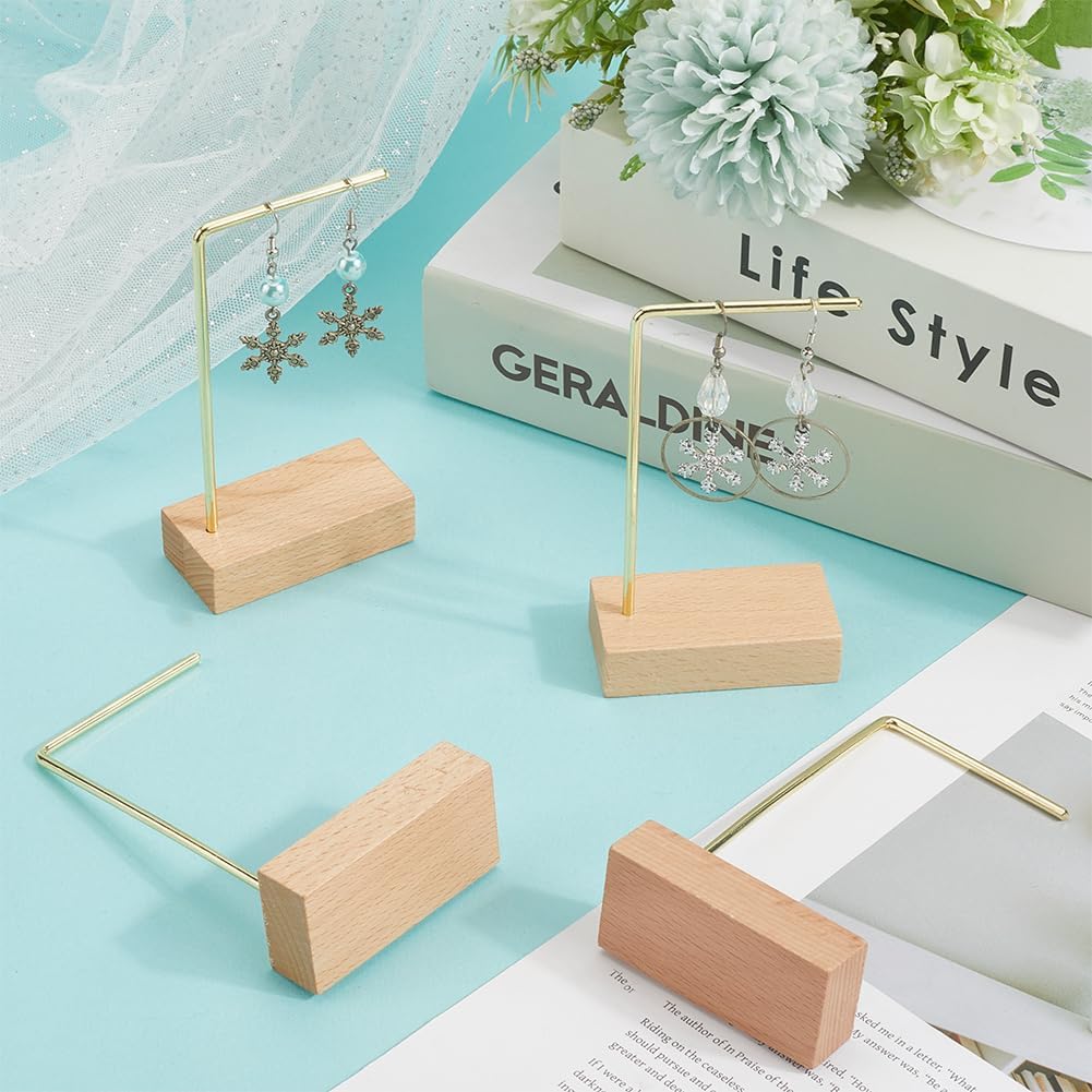SUNNYCLUE 4pcs L Bar Earring Stand Brass Jewelry Stand Gold Brass Metal Ear Stud Earring Holders Hanger Display Organizer Shelf with Wood Base for Jewelry Bedroom Entryway Display Home Decorations