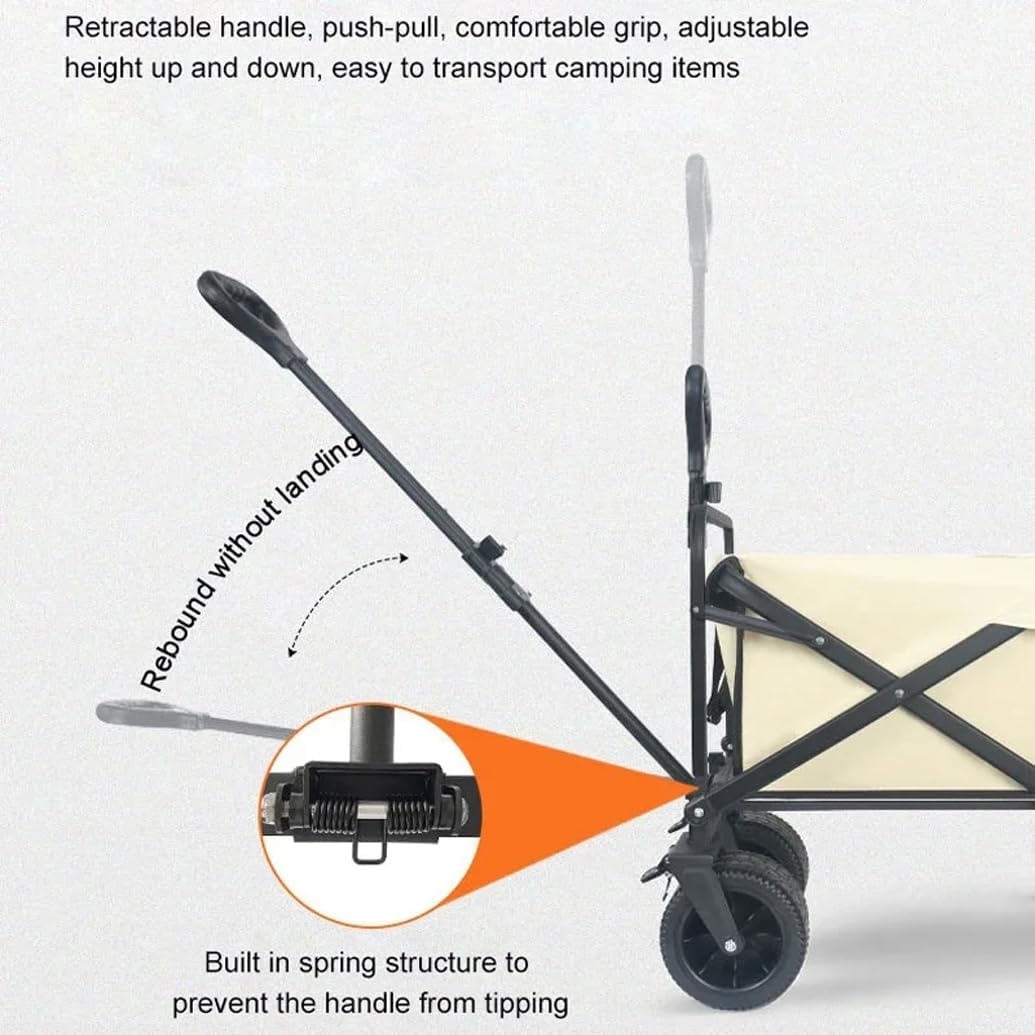LANGWEI Folding Festival Trolley Cart with Brakes, Beach Trolley Cart with Adjustable Handle, Multi-Terrain Collapsible Wagon for Shopping, Gardening, Camping, Fishing,Brown