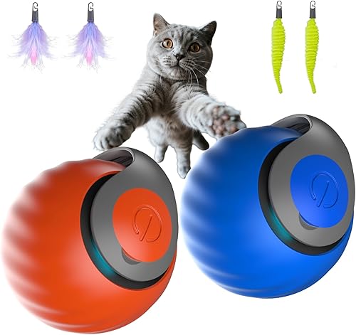 Pelota interactiva para gatos de interior, juguete automático de doble velocidad con 90 minutos de tiempo de funcionamiento, felpa + cola de plumas,