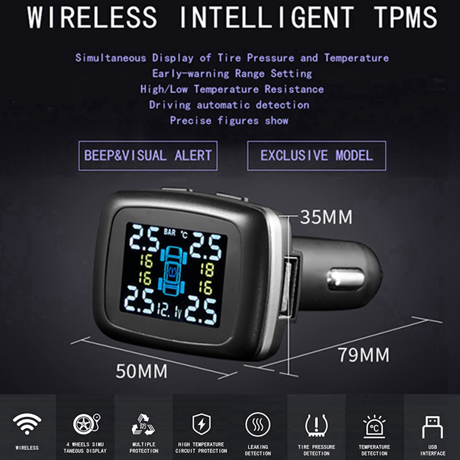 Shkalacar Système Intelligent de Surveillance de la Pression des Pneus TPMS avec 4 Capteurs Internes, Alarme en Temps Réel pour Voitures, SUV, Camionnettes