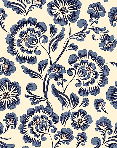 Jiffdiff Peel And Stick Wallpaper Blue Wallpaper Floral Wallpaper 17.3" X 118" Damask Flower Wallpaper Vinyl Waterproof Wallpaper Cream Blue Contact Paper For Cabinets #TOP27