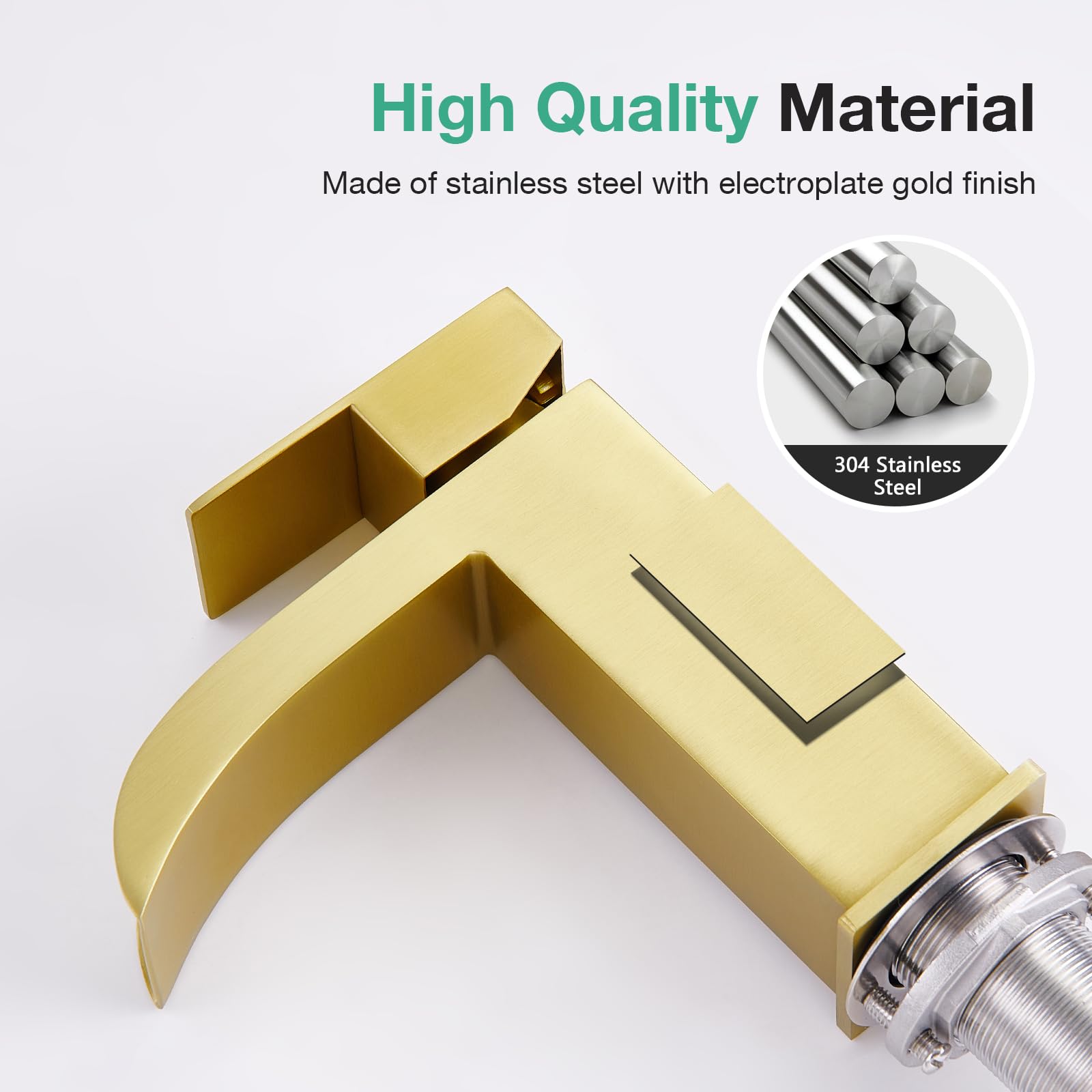 Faustina Rubinetto per Lavabo da Bagno Cascata e Piletta Pop Up con Troppopieno, Miscelatore Monocomando per Bagno Quadrato, oro