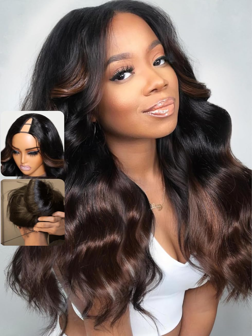 Reddish brown long upart / vpart human hair wig S4ecb6c70f30943c2aefa656a6ff8f  main image 2