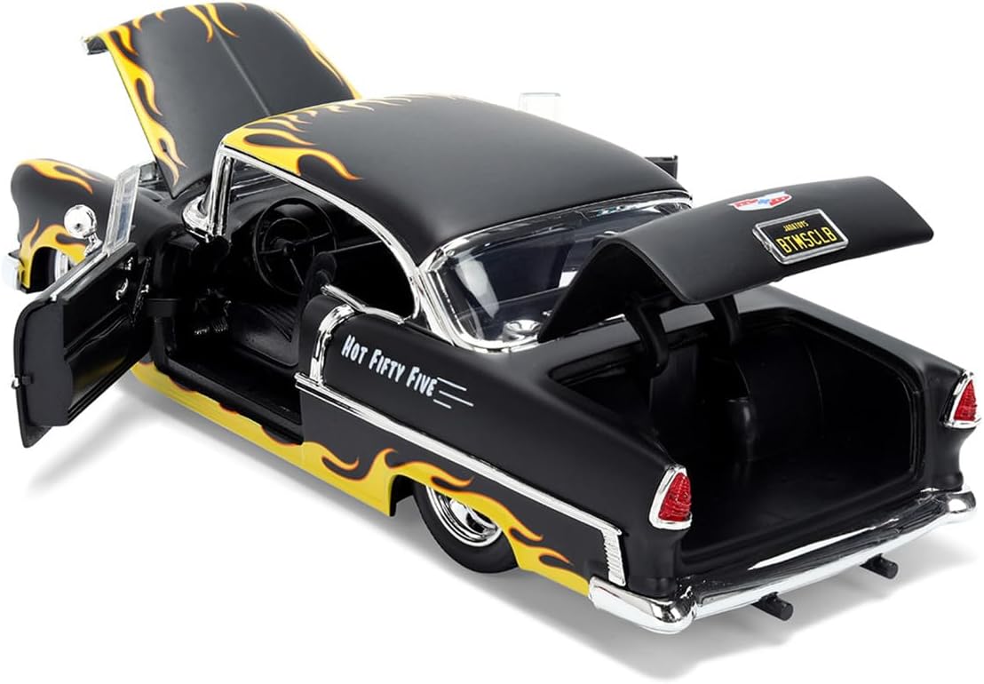 Diecast Model Car Compatible for 1955 Chevy Bel Air Matte Black with Flames, B.T.M Social Club, Jada 1:24 Scale 36606
