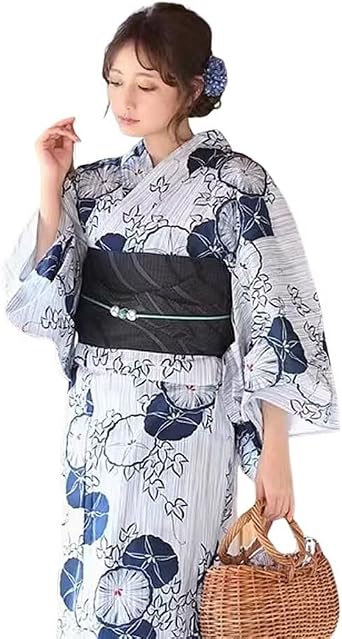 Yukata Dress for Women Casual Floral Print 3-Piece Set Breathable 100% Cotton Japanese Traditional Kimono with Obi