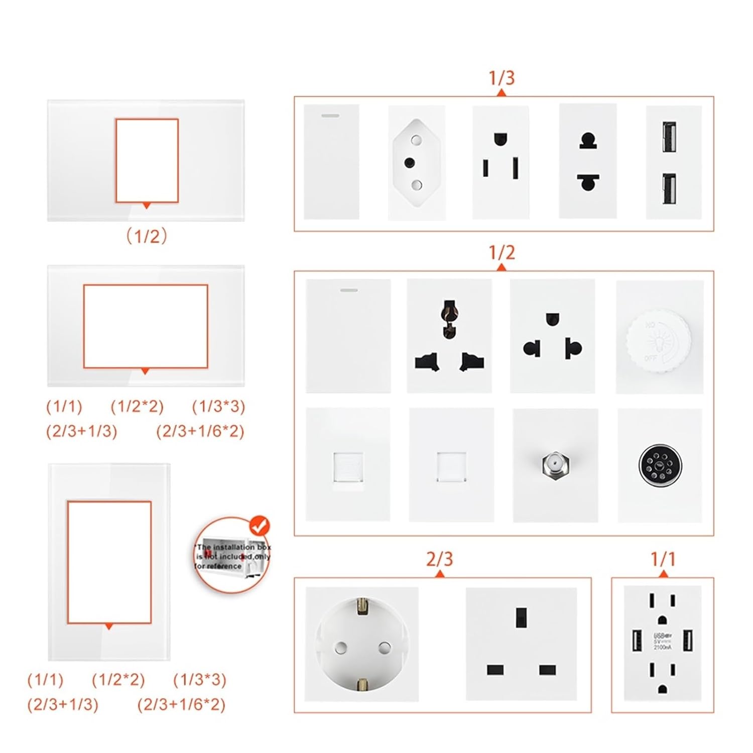 2Gangs SATV and Internet Wall Socket/Outlet,Crystal Glass Panel 118mm*72mm Satellite TV and Computer Interface Socket(Glass Panel Black)