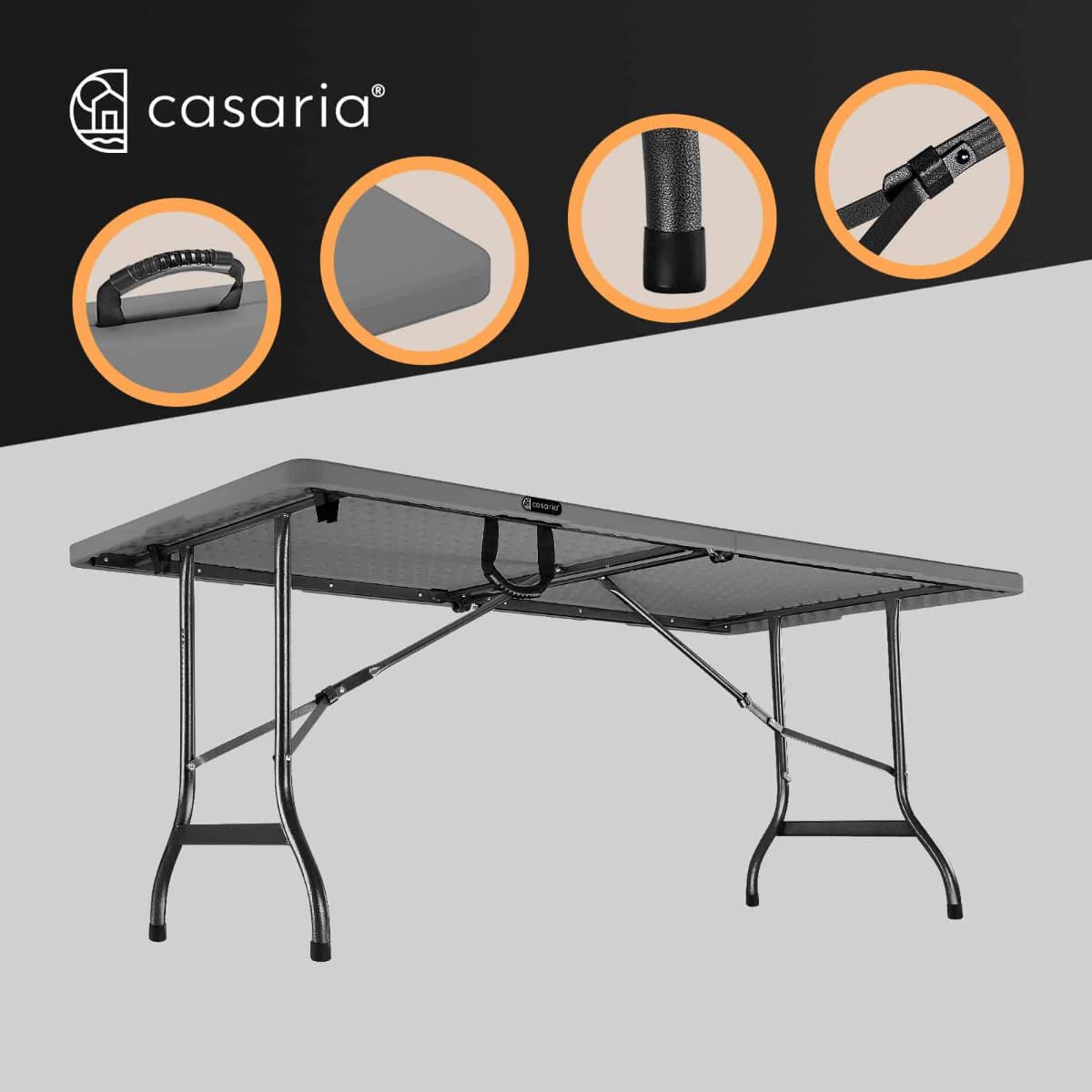 CASARIA® Mesa Plegable Camping 8 Personas Buffet Catering Asa Transporte Comedor Interior Exterior Resistente Intemperie Superficie Robusta Multiusos Jardín Terraza Fiestas Eventos 183x76cm Antracita