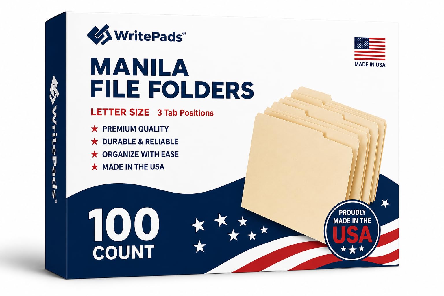 WritePads Manila File Folders, Letter Size 8.5 x 11 Inch, 1/3 Cut Tab Folders, 100 Pack Box, Heavy Duty Paper File Folders for Office, School and Home Organization, Made in USA