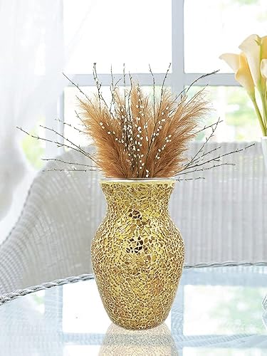 Miniatura 3 de Jarrón de vidrio de mosaico para decoración del hogar, jarrones de vidrio agrietado dorado para flores, jarrón de centro de mesa con purpurina hecho