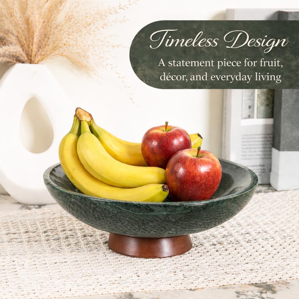 Decorative Marble Bowl Green - Handcrafted Natural Stone on Acacia Wood Pedestal - Versatile 10" Catch‑All Centrepiece for Home Decor - Entryway, Dining Table, Kitchen Fruit Bowl, Key Holder (Green)