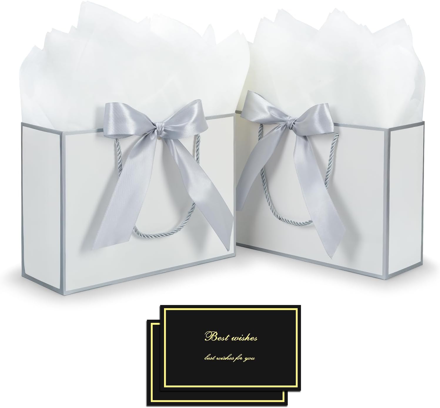 FLUETOOD Gift Bags for Presents, 2pcs White Gift Bag with 2 Ribbons and 2 Greeting Cards, 4 Tissue Papers, Medium Paper Party Bags for Wedding Birthday Baby Shower and Christmas (28 * 10 * 20 cm)